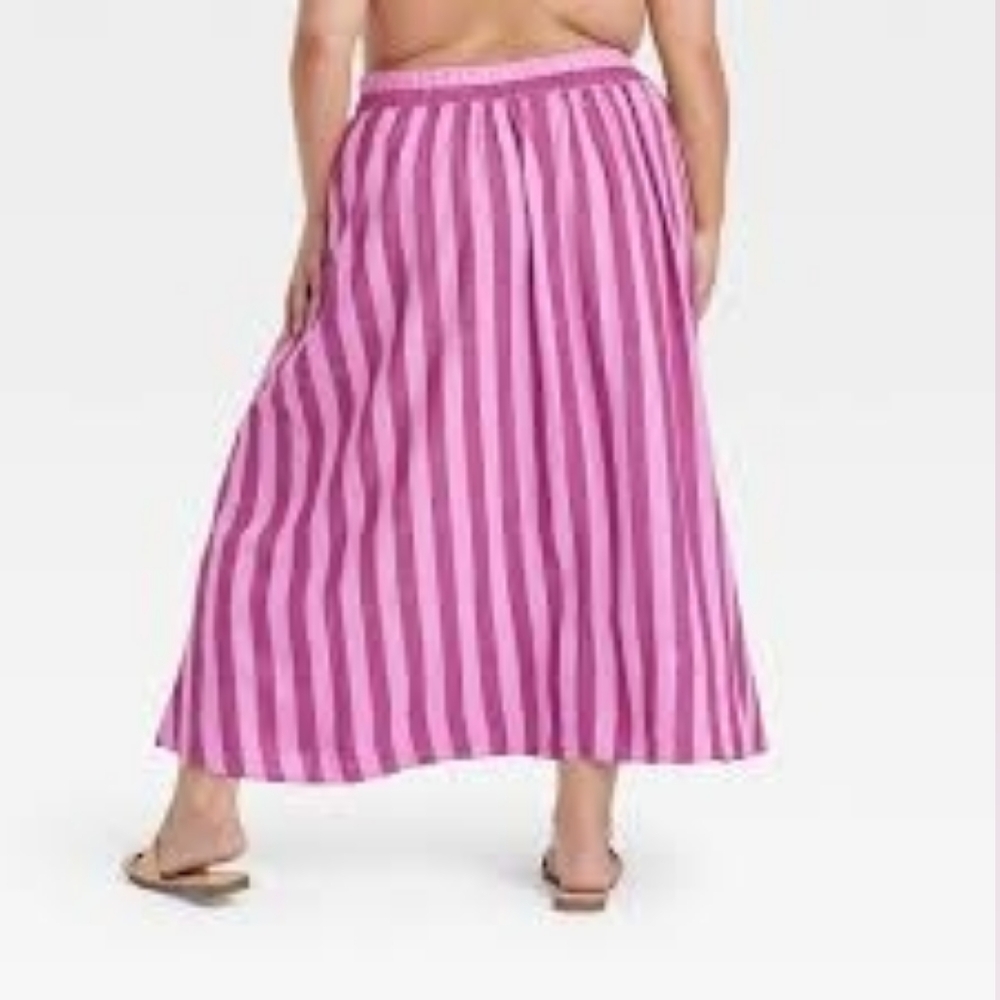 A New Day Pink and Berry Striped Beach Bungalow Linen Midi Skirt with Pockets - Picture 2 of 6